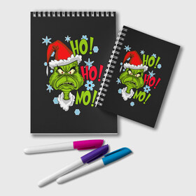 Блокнот с принтом Grinch Face No! No! No! в Рязани, 100% бумага | 48 листов, плотность листов — 60 г/м2, плотность картонной обложки — 250 г/м2. Листы скреплены удобной пружинной спиралью. Цвет линий — светло-серый
 | christmas | claus | grinch stole | how the | jingle | merry | santa | гринч | гуманоид | диккенс | ктоград | олени | рождество | снежинки | чарльз