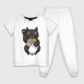 Детская пижама хлопок с принтом Totoro Maneki Neko в Рязани, 100% хлопок |  брюки и футболка прямого кроя, без карманов, на брюках мягкая резинка на поясе и по низу штанин
 | Тематика изображения на принте: cat | forest | friend | ghibli | japan | keeper | miyazaki | nature | neigbor | neighbour | totoro | анимация | аниме | гибли | друг | животные | кот | котенок | котик | кошка | лес | любовь | милый | мир | миядзаки | мульт | мультфильм