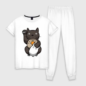 Женская пижама хлопок с принтом Totoro Maneki Neko в Рязани, 100% хлопок | брюки и футболка прямого кроя, без карманов, на брюках мягкая резинка на поясе и по низу штанин | cat | forest | friend | ghibli | japan | keeper | miyazaki | nature | neigbor | neighbour | totoro | анимация | аниме | гибли | друг | животные | кот | котенок | котик | кошка | лес | любовь | милый | мир | миядзаки | мульт | мультфильм