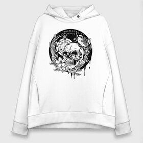 Женское худи Oversize хлопок с принтом Memento mori в Рязани, френч-терри — 70% хлопок, 30% полиэстер. Мягкий теплый начес внутри —100% хлопок | боковые карманы, эластичные манжеты и нижняя кромка, капюшон на магнитной кнопке | bird | clock | eye | flower | grin | jaw | leaf | memento mori | orbits | skull | teeth | глаз | глазницы | зубы | лист | оскал | птица | цветок | часы | череп