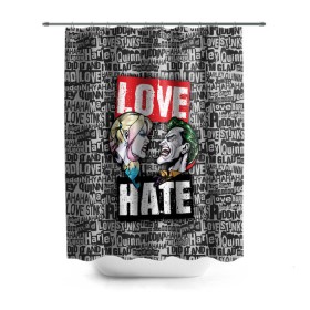 Штора 3D для ванной с принтом Love Hate в Рязани, 100% полиэстер | плотность материала — 100 г/м2. Стандартный размер — 146 см х 180 см. По верхнему краю — пластиковые люверсы для креплений. В комплекте 10 пластиковых колец | harleen quinzel | harley | harley quin | harley quinn | joker | shtatharley | джокер | харли квин | харли квинн | харли куин | харли куинн | харлин квинзель