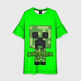 Детское платье 3D с принтом MINECRAFT CREEPER в Рязани, 100% полиэстер | прямой силуэт, чуть расширенный к низу. Круглая горловина, на рукавах — воланы | game | minecraft | блоки | игра | квадраты | компьютерная игра | крипер | майнкрафт