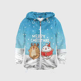Детская ветровка 3D с принтом Molang. Merry Christmas в Рязани, 100% полиэстер | подол и капюшон оформлены резинкой с фиксаторами, по бокам два кармана без застежек, один потайной карман на груди | chicken | christmas | deer | korea | molang | newyear | piupiu | rabbit | smow | snowflakes | winter | год | зима | корея | кролик | моланг | новый | олень | пиу | рождество | снег | снежинка