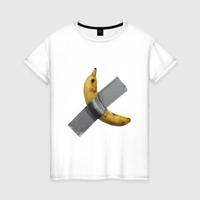 Женская футболка хлопок с принтом  Банан за 120 тысяч долларов в Рязани, 100% хлопок | прямой крой, круглый вырез горловины, длина до линии бедер, слегка спущенное плечо | art basel | banan | mem | memas | meme | мем | мемас | мемчик