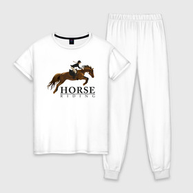 Женская пижама хлопок с принтом HORSE RIDING в Рязани, 100% хлопок | брюки и футболка прямого кроя, без карманов, на брюках мягкая резинка на поясе и по низу штанин | животные | конный спорт | конь | лошадь | наездник | спорт | стикер