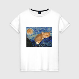 Женская футболка хлопок с принтом Звёздная ночь и коты в Рязани, 100% хлопок | прямой крой, круглый вырез горловины, длина до линии бедер, слегка спущенное плечо | арт | ван гог | животные | звёздная ночь | искусство | картина | котик | коты | кошка | мем | прикол | смешная картинка | юмор