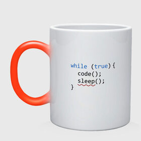 Кружка хамелеон с принтом Code - sleep в Рязани, керамика | меняет цвет при нагревании, емкость 330 мл | Тематика изображения на принте: c | c++ | code | coder | computer | hacker | java | programm | tag | жизнь | код | кодер | программа | программист | сон | хакер | хочу спать