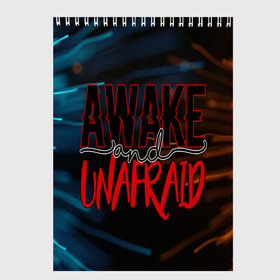 Скетчбук с принтом Awake unafraid в Рязани, 100% бумага
 | 48 листов, плотность листов — 100 г/м2, плотность картонной обложки — 250 г/м2. Листы скреплены сверху удобной пружинной спиралью | Тематика изображения на принте: alive | awake | look | my chemical | rok | romance | sunshine | unafraid