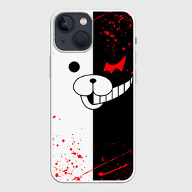 Чехол для iPhone 13 mini с принтом monokuma мордочка и брызги в Рязани,  |  | anime | bear | black  white | danganronpa | kurokuma | monodam | monokuma | monomi | monotaro | rabbit | school | shirokuma | аниме | главарь | мoноми | монокума | черно белый | школа