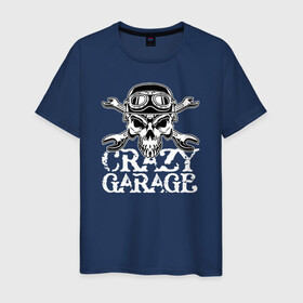 Мужская футболка хлопок с принтом Crazy garage в Рязани, 100% хлопок | прямой крой, круглый вырез горловины, длина до линии бедер, слегка спущенное плечо. | Тематика изображения на принте: bones | garage | helmet | orbits | skull | teeth | wrench | гаечный ключ | гараж | глазницы | зубы | череп | шлем