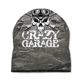 Шапка 3D с принтом Crazy garage в Рязани, 100% полиэстер | универсальный размер, печать по всей поверхности изделия | Тематика изображения на принте: bones | garage | helmet | metal | orbits | skull | teeth | wrench | гаечный ключ | гараж | глазницы | зубы | металл | череп | шлем