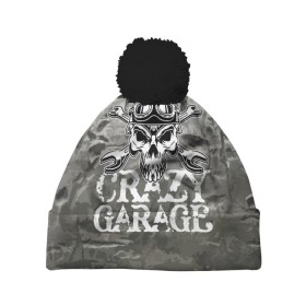 Шапка 3D c помпоном с принтом Crazy garage в Рязани, 100% полиэстер | универсальный размер, печать по всей поверхности изделия | bones | garage | helmet | metal | orbits | skull | teeth | wrench | гаечный ключ | гараж | глазницы | зубы | металл | череп | шлем