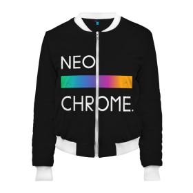 Женский бомбер 3D с принтом NEO CHROME в Рязани, 100% полиэстер | застегивается на молнию, по бокам два кармана без застежек, мягкие манжеты, по низу бомбера и на воротнике — эластичная резинка | Тематика изображения на принте: rgb | контрастный | круг | металл | мудрость | мысль | надпись | палитра | радуга | радужный | символ | сфера | текст | фраза | цветной | яркий