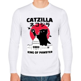 Мужской лонгслив хлопок с принтом Catzilla King of Pawster в Рязани, 100% хлопок |  | cat | catzilla | kitty | paw | pawster | годзилла | кот | котики | коты | кошки | пародия