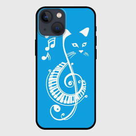 Чехол для iPhone 13 mini с принтом Котик Меломан голубой в Рязани,  |  | blue | cat | music | musical | white | белый | день | игроман | кот | котик | котиков | котиком | котов | кошек | кошка | меломан | музыка | музыкальный | ноты | с белым | с котом | с нотами | студент | студента | фон