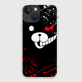 Чехол для iPhone 13 mini с принтом MONOKUMA краснобелые брызги в Рязани,  |  | anime | bear | black  white | danganronpa | kurokuma | monodam | monokuma | monomi | monotaro | rabbit | school | shirokuma | аниме | главарь | мoноми | монокума | черно белый | школа