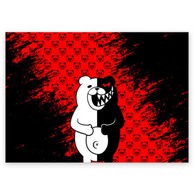 Поздравительная открытка с принтом MONOKUMA. в Рязани, 100% бумага | плотность бумаги 280 г/м2, матовая, на обратной стороне линовка и место для марки
 | anime | bear | black  white | danganronpa | kurokuma | monodam | monokuma | monomi | monotaro | pink | rabbit | school | shirokuma | аниме | главарь | мoноми | монокума | черно белый | школа