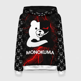 Женская толстовка 3D с принтом MONOKUMA. в Рязани, 100% полиэстер  | двухслойный капюшон со шнурком для регулировки, мягкие манжеты на рукавах и по низу толстовки, спереди карман-кенгуру с мягким внутренним слоем. | anime | bear | black  white | danganronpa | kurokuma | monodam | monokuma | monomi | monotaro | pink | rabbit | school | shirokuma | аниме | главарь | мoноми | монокума | черно белый | школа