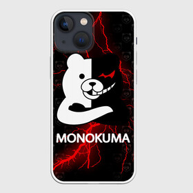 Чехол для iPhone 13 mini с принтом Монокума с красной молнией в Рязани,  |  | anime | bear | black  white | danganronpa | kurokuma | monodam | monokuma | monomi | monotaro | pink | rabbit | school | shirokuma | аниме | главарь | мoноми | монокума | черно белый | школа