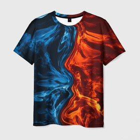 Мужская футболка 3D с принтом Огонь и вода в Рязани, 100% полиэфир | прямой крой, круглый вырез горловины, длина до линии бедер | Тематика изображения на принте: fire | texture | абстракция | граффити | краски | лед | линии | огонь | огонь и лед | текстура | уличный стиль | яркая