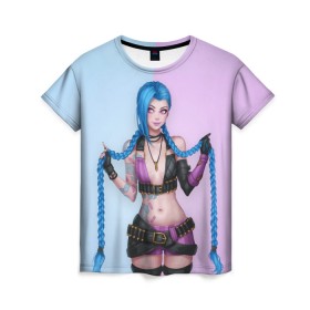 Женская футболка 3D с принтом League of Legends Jinx в Рязани, 100% полиэфир ( синтетическое хлопкоподобное полотно) | прямой крой, круглый вырез горловины, длина до линии бедер | art | braids | cartridges | character | game | girl | jinx | league of legends | lol | pigtails | tattoo | арт | девушка | джинкс | игра | косички | косы | лига легенд | лол | патроны | персонаж | тату