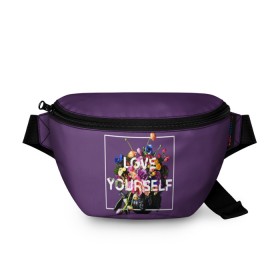 Поясная сумка 3D с принтом Love Yourself в Рязани, 100% полиэстер | плотная ткань, ремень с регулируемой длиной, внутри несколько карманов для мелочей, основное отделение и карман с обратной стороны сумки застегиваются на молнию | bangtan | bighit | boy | fake love | j hope | jimin | jin | jungkook | korea | kpop | live | luv | mic drop | rm | suga | v | with | бтс | кей | поп