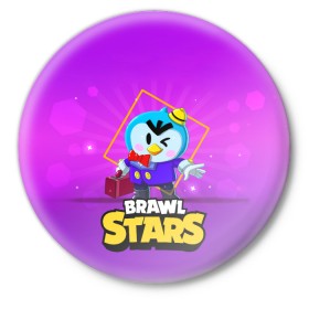 Значок с принтом Brawl Stars. Mr. P в Рязани,  металл | круглая форма, металлическая застежка в виде булавки | bo | brawl | brock | bull | colt | dynamike | elprimo | jessie | leon | moba | nita | shelly | stars | бо | брок | булл | джесси | динамайк | кольт | леон | нита | шелли | эльпримо