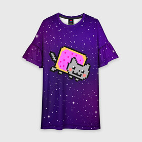 Детское платье 3D с принтом Nyan Cat в Рязани, 100% полиэстер | прямой силуэт, чуть расширенный к низу. Круглая горловина, на рукавах — воланы | cat | meme | nyan cat | space | youtube | животное | звезды | интернет | космос | кошка | мем | прикол | радуга | юмор | ютуб