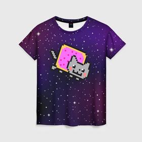 Женская футболка 3D с принтом Nyan Cat в Рязани, 100% полиэфир ( синтетическое хлопкоподобное полотно) | прямой крой, круглый вырез горловины, длина до линии бедер | cat | meme | nyan cat | space | youtube | животное | звезды | интернет | космос | кошка | мем | прикол | радуга | юмор | ютуб