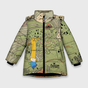 Зимняя куртка для девочек 3D с принтом Adventure time Map в Рязани, ткань верха — 100% полиэстер; подклад — 100% полиэстер, утеплитель — 100% полиэстер. | длина ниже бедра, удлиненная спинка, воротник стойка и отстегивающийся капюшон. Есть боковые карманы с листочкой на кнопках, утяжки по низу изделия и внутренний карман на молнии. 

Предусмотрены светоотражающий принт на спинке, радужный светоотражающий элемент на пуллере молнии и на резинке для утяжки. | Тематика изображения на принте: adventure time | finn the human | jake the dog | vdzajul | джейк | лич | марселин | ооо | рикардио | снежный король | финн | финн парнишка