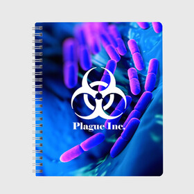 Тетрадь с принтом PLAGUE INC в Рязани, 100% бумага | 48 листов, плотность листов — 60 г/м2, плотность картонной обложки — 250 г/м2. Листы скреплены сбоку удобной пружинной спиралью. Уголки страниц и обложки скругленные. Цвет линий — светло-серый
 | molecule | plague inc | абстракция | бактерии | вирус | клетки | медицина | микробы | молекулы | наука | нейрон | нейроны | планета | текстура | текстуры | формула