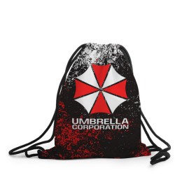 Рюкзак-мешок 3D с принтом UMBRELLA CORP в Рязани, 100% полиэстер | плотность ткани — 200 г/м2, размер — 35 х 45 см; лямки — толстые шнурки, застежка на шнуровке, без карманов и подкладки | Тематика изображения на принте: ada wong | biohazard | leon | nemesis | project resistance | raccoon city | re2 | resident evil 2 | rpd | stars | umbrella | ада вонг | амбрелла | немесис | ужасы