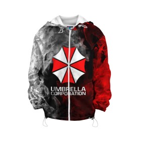 Детская куртка 3D с принтом UMBRELLA CORP в Рязани, 100% полиэстер | застежка — молния, подол и капюшон оформлены резинкой с фиксаторами, по бокам — два кармана без застежек, один потайной карман на груди, плотность верхнего слоя — 90 г/м2; плотность флисового подклада — 260 г/м2 | ada wong | biohazard | leon | nemesis | project resistance | raccoon city | re2 | resident evil 2 | rpd | stars | umbrella | ада вонг | амбрелла | немесис | ужасы