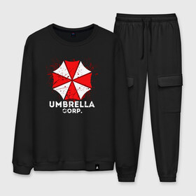 Мужской костюм хлопок с принтом UMBRELLA CORP в Рязани, 100% хлопок | на свитшоте круглая горловина, мягкая резинка по низу. Брюки заужены к низу, на них два вида карманов: два “обычных” по бокам и два объемных, с клапанами, расположенные ниже линии бедра. Брюки с мягкой трикотажной резинкой на поясе и по низу штанин. В поясе для дополнительного комфорта — широкие завязки | ada wong | biohazard | leon | nemesis | project resistance | raccoon city | re2 | resident evil 2 | rpd | stars | umbrella | ада вонг | амбрелла | немесис | ужасы