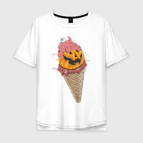 Мужская футболка хлопок Oversize с принтом Pumpkin IceCream в Рязани, 100% хлопок | свободный крой, круглый ворот, “спинка” длиннее передней части | Тематика изображения на принте: helloween | ice cream | icecream | pumpkin | глаз | глазурь | еда | крем | мороженое | рожок | тыква | улыбка