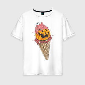 Женская футболка хлопок Oversize с принтом Pumpkin IceCream в Рязани, 100% хлопок | свободный крой, круглый ворот, спущенный рукав, длина до линии бедер
 | helloween | ice cream | icecream | pumpkin | глаз | глазурь | еда | крем | мороженое | рожок | тыква | улыбка