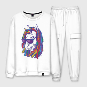 Мужской костюм хлопок с принтом Rasta Unicorn в Рязани, 100% хлопок | на свитшоте круглая горловина, мягкая резинка по низу. Брюки заужены к низу, на них два вида карманов: два “обычных” по бокам и два объемных, с клапанами, расположенные ниже линии бедра. Брюки с мягкой трикотажной резинкой на поясе и по низу штанин. В поясе для дополнительного комфорта — широкие завязки | bob | bobmarley | dreadlocks | horse | rasta | unicorn | боб марли | дредлок | дредлоки | дреды | единорог | лошадь | раста | растаман | цвет