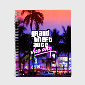 Тетрадь с принтом Grand Theft Auto Vice City в Рязани, 100% бумага | 48 листов, плотность листов — 60 г/м2, плотность картонной обложки — 250 г/м2. Листы скреплены сбоку удобной пружинной спиралью. Уголки страниц и обложки скругленные. Цвет линий — светло-серый
 | grand theft auto 2 | grand theft auto 3 | grand theft auto v | grand theft auto: san andreas | grand theft auto: vice city | gta 1 | gta 2 | gta 3 | gta 4 | gta 5 | gta online | gta v | город | игры