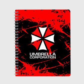 Тетрадь с принтом UMBRELLA CORPORATION в Рязани, 100% бумага | 48 листов, плотность листов — 60 г/м2, плотность картонной обложки — 250 г/м2. Листы скреплены сбоку удобной пружинной спиралью. Уголки страниц и обложки скругленные. Цвет линий — светло-серый
 | corp | corporation | resident evil | umbrella | umbrella corporation | зомби апокалипсис | зонт | игра