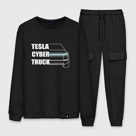 Мужской костюм хлопок с принтом Tesla Cybertruck в Рязани, 100% хлопок | на свитшоте круглая горловина, мягкая резинка по низу. Брюки заужены к низу, на них два вида карманов: два “обычных” по бокам и два объемных, с клапанами, расположенные ниже линии бедра. Брюки с мягкой трикотажной резинкой на поясе и по низу штанин. В поясе для дополнительного комфорта — широкие завязки | Тематика изображения на принте: 