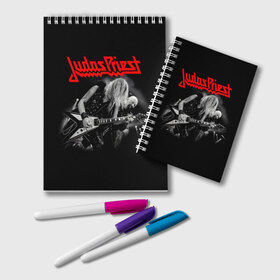 Блокнот с принтом JUDAS PRIEST в Рязани, 100% бумага | 48 листов, плотность листов — 60 г/м2, плотность картонной обложки — 250 г/м2. Листы скреплены удобной пружинной спиралью. Цвет линий — светло-серый
 | firepower | judas priest | бог металла | джудас прист | иуда прист | музыка | роб хэлфорд | рок | рок н ролл | хэви метал