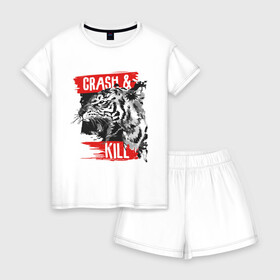 Женская пижама с шортиками хлопок с принтом Crash & Kill в Рязани, 100% хлопок | футболка прямого кроя, шорты свободные с широкой мягкой резинкой | animal | art | beast | inscription | tiger | арт | животное | зверь | надпись | тигр