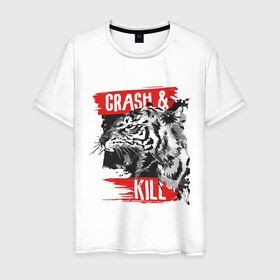 Мужская футболка хлопок с принтом Crash & Kill в Рязани, 100% хлопок | прямой крой, круглый вырез горловины, длина до линии бедер, слегка спущенное плечо. | Тематика изображения на принте: animal | art | beast | inscription | tiger | арт | животное | зверь | надпись | тигр