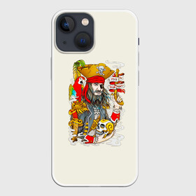 Чехол для iPhone 13 mini с принтом Пират в Рязани,  |  | art | pirate | skull | арт | борода | дым | капитан | кости | костюм | листья | море | моряк | надпись | нож | оружие | пират | пистолет | попугай | прикольная | птица | череп