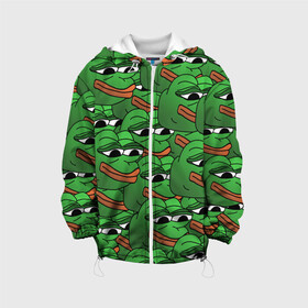 Детская куртка 3D с принтом Pepe The Frog в Рязани, 100% полиэстер | застежка — молния, подол и капюшон оформлены резинкой с фиксаторами, по бокам — два кармана без застежек, один потайной карман на груди, плотность верхнего слоя — 90 г/м2; плотность флисового подклада — 260 г/м2 | frog | meme | memes | pepe | pepe the frog | грустная жабка | лягушка | лягушонок пепе | мем | мемы