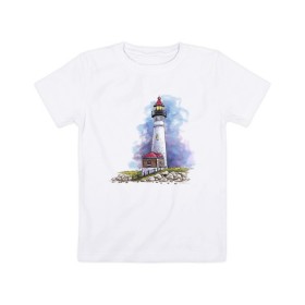 Детская футболка хлопок с принтом Crisp Point Lighthouse в Рязани, 100% хлопок | круглый вырез горловины, полуприлегающий силуэт, длина до линии бедер | Тематика изображения на принте: art | katie batz | lighthouse | достопримечательности | маяк | море | отдых | пляж | туристы