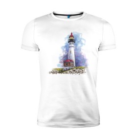 Мужская футболка премиум с принтом Crisp Point Lighthouse в Рязани, 92% хлопок, 8% лайкра | приталенный силуэт, круглый вырез ворота, длина до линии бедра, короткий рукав | art | katie batz | lighthouse | достопримечательности | маяк | море | отдых | пляж | туристы