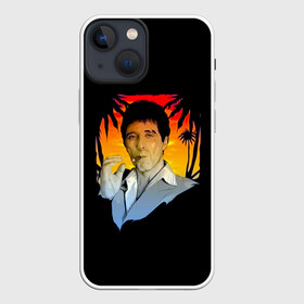 Чехол для iPhone 13 mini с принтом Тони Монтана в Рязани,  |  | criminal | gangster | mafia | tony montana | актер | аль пачино | банда | бандит | гангстер | кино | костюм | крестный отец | криминал | лицо со шрамом | мафия | пальмы | парню | прикольная | природа | тони монтана