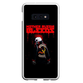 Чехол для Samsung S10E с принтом Mother Russia Bleeds в Рязани, Силикон | Область печати: задняя сторона чехла, без боковых панелей | Тематика изображения на принте: 8 бит | bleeds | mother | pixel | russia | видеоигра | восьмибитная | игра | кровавая | кровоточит | кровь | куртка | мать | надпись | пиксель | пиксельная | ракез | россия | скелет | скелетон | текст | череп