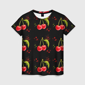 Женская футболка 3D с принтом Вишенки в Рязани, 100% полиэфир ( синтетическое хлопкоподобное полотно) | прямой крой, круглый вырез горловины, длина до линии бедер | брызги | вишня | красный | сочно | ягода